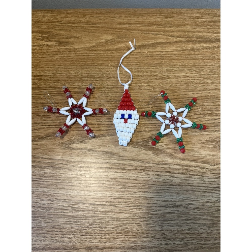Lot of 3 Vintage Handmade Beaded Christmas Ornaments Stars and Santa